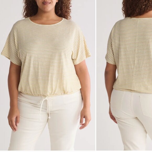 Max Studio Stripe Tie Waist T-Shirt Ivory/ Chartreuse 1X - Picture 1 of 10